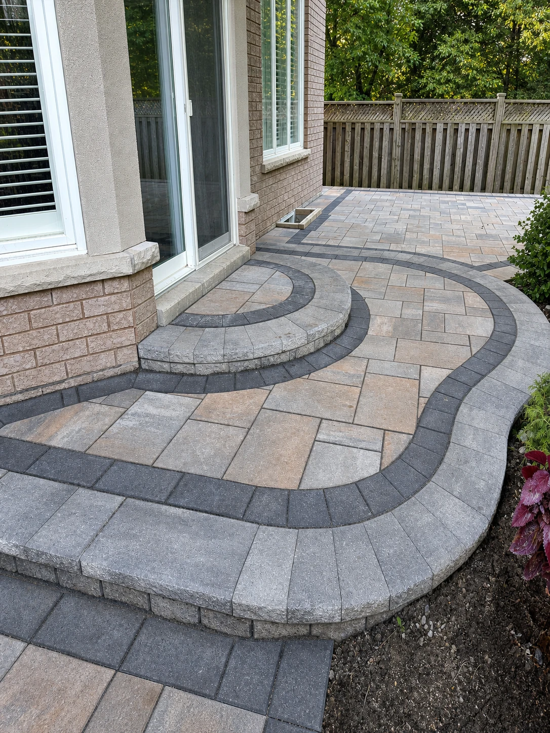 Completed curved interlock walkway and steps by XY Landscaping